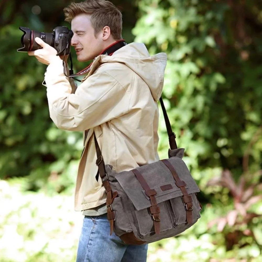 Kattee Leather Canvas Camera Bags for Men Vintage DSLR SLR Messenger Shoulder...